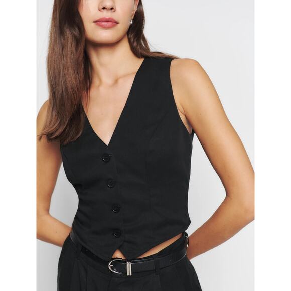 Reformation Black V Neck Sleeveless Button Front Cropped Vest Top Size 0 - Picture 3 of 9